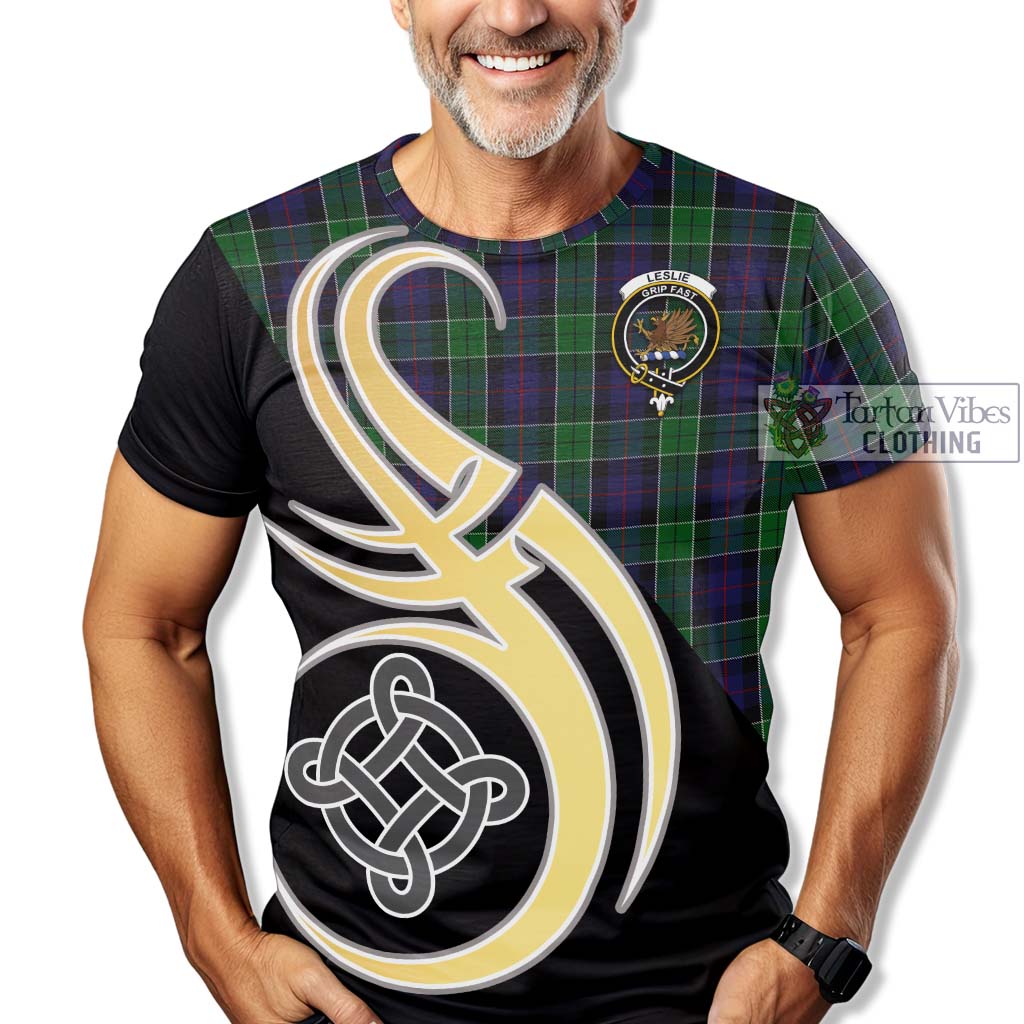 Tartan Vibes Clothing Leslie Hunting Tartan T-Shirt with Family Crest and Celtic Symbol Style