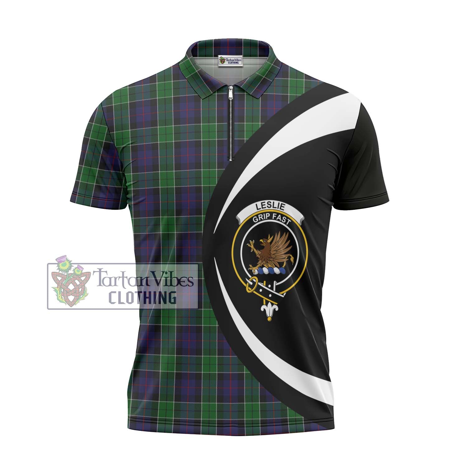 Tartan Vibes Clothing Leslie Hunting Tartan Zipper Polo Shirt with Family Crest Circle Style