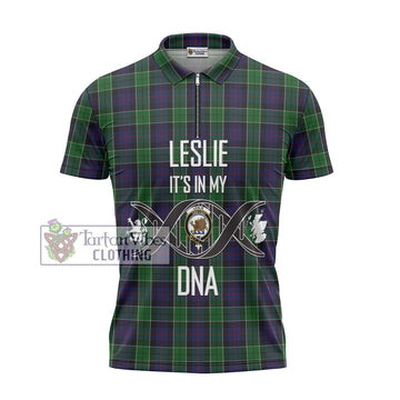 Leslie Hunting Tartan Zipper Polo Shirt with Family Crest DNA In Me Style