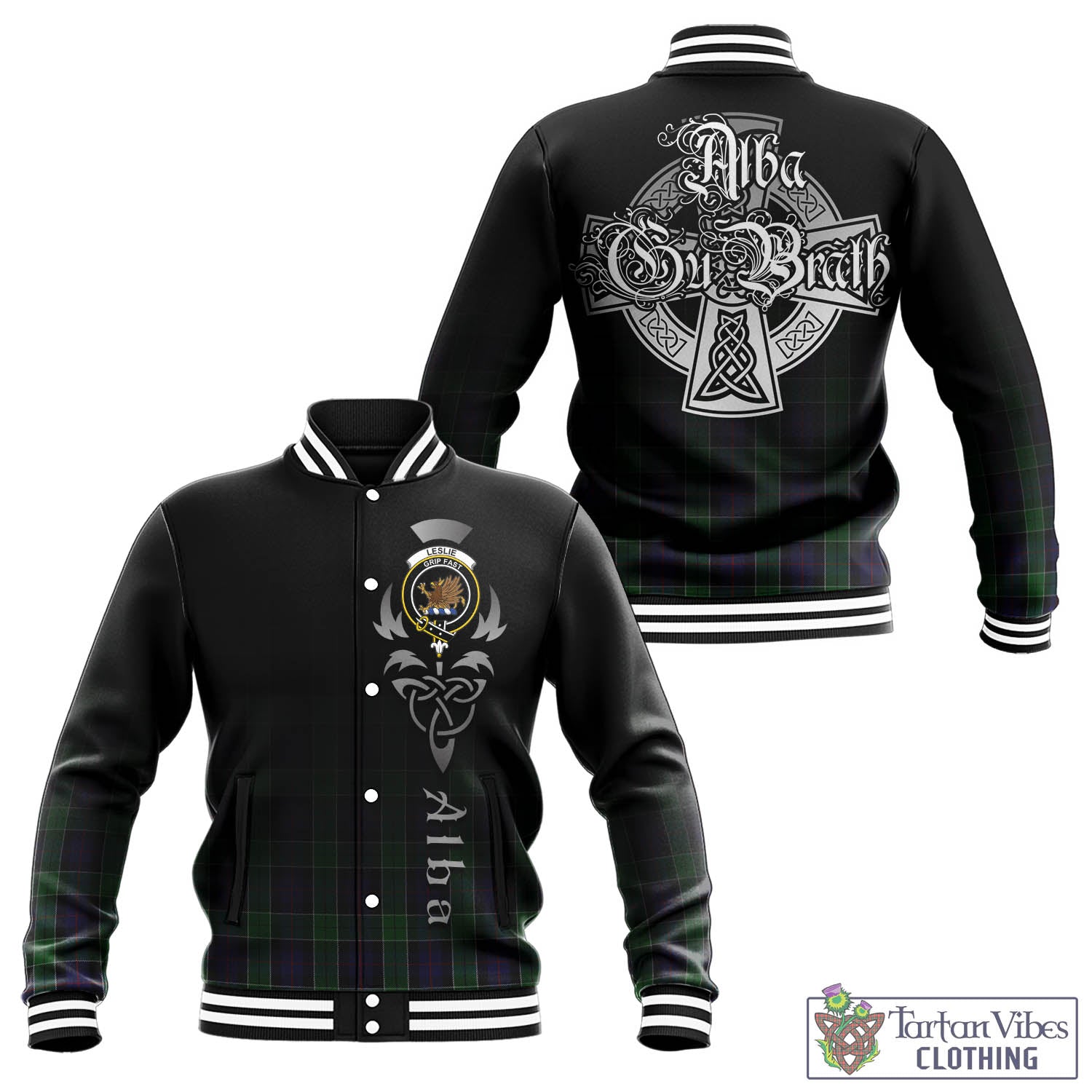 Tartan Vibes Clothing Leslie Hunting Tartan Baseball Jacket Featuring Alba Gu Brath Family Crest Celtic Inspired