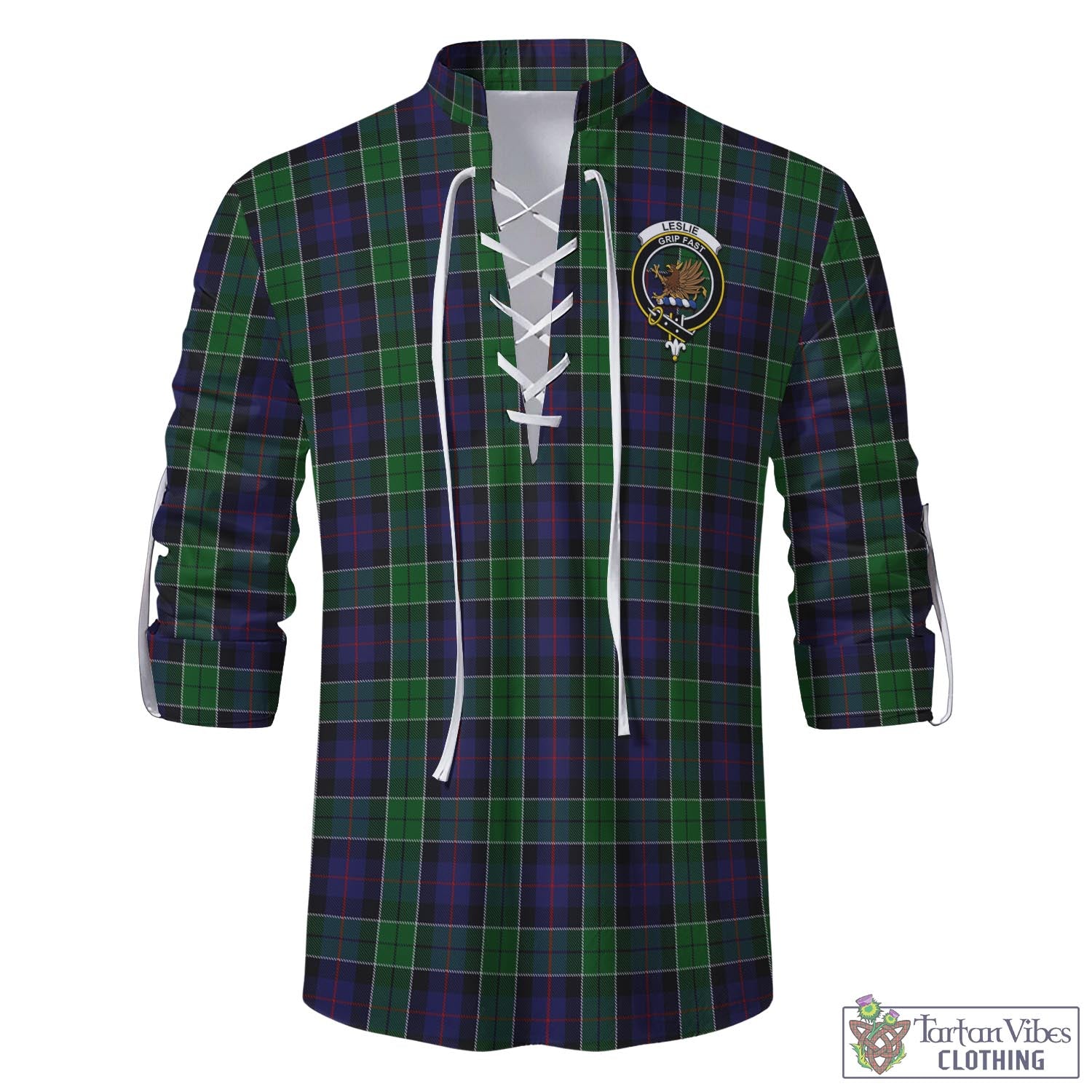 Tartan Vibes Clothing Leslie Hunting Tartan Men's Scottish Traditional Jacobite Ghillie Kilt Shirt with Family Crest