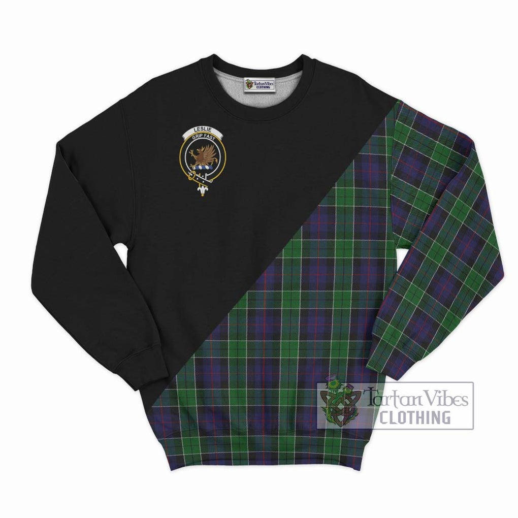 Leslie Hunting Tartan Sweatshirt with Family Crest and Military Logo Style - Tartanvibesclothing Shop