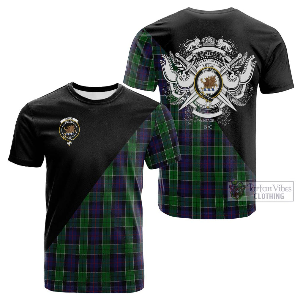 Tartan Vibes Clothing Leslie Hunting Tartan Cotton T-shirt with Family Crest and Military Logo Style