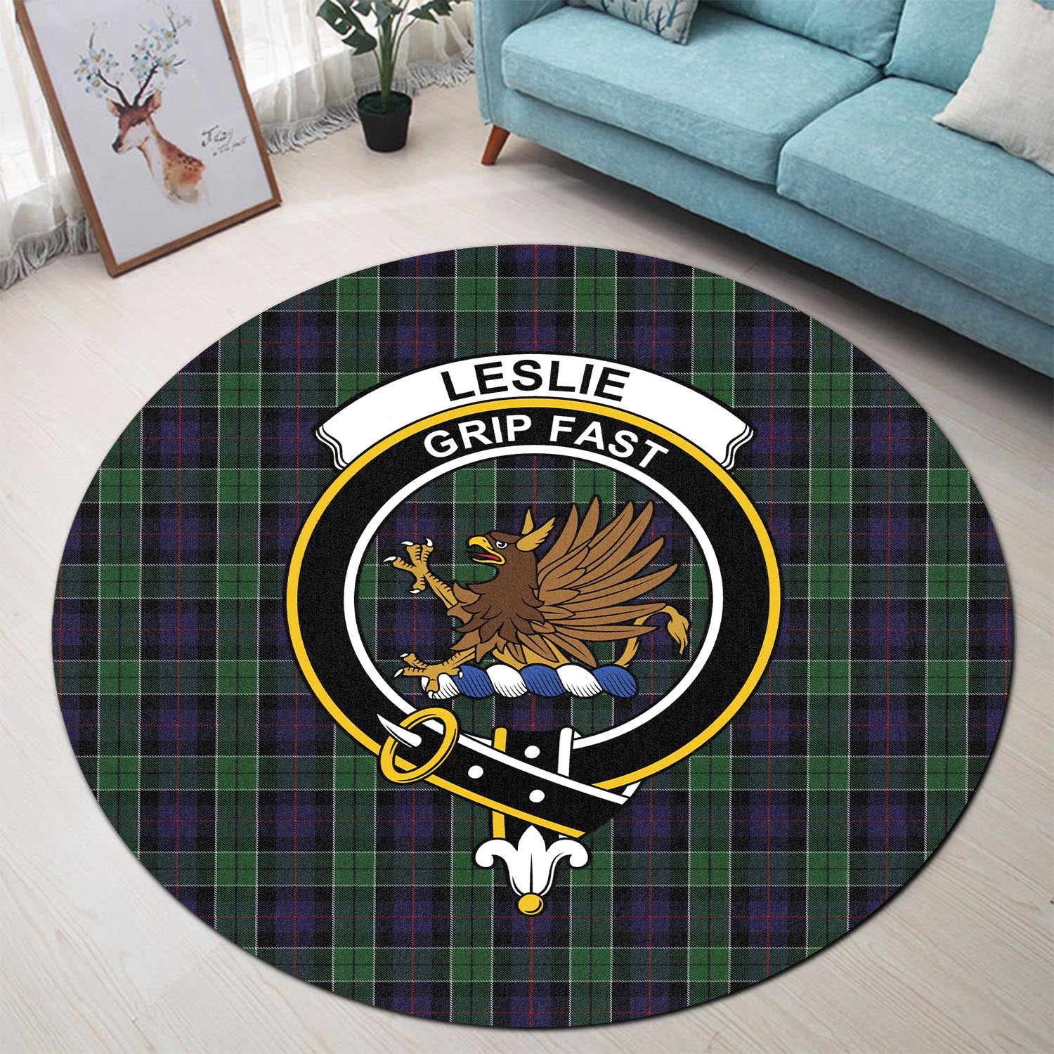 leslie-hunting-tartan-round-rug-with-family-crest