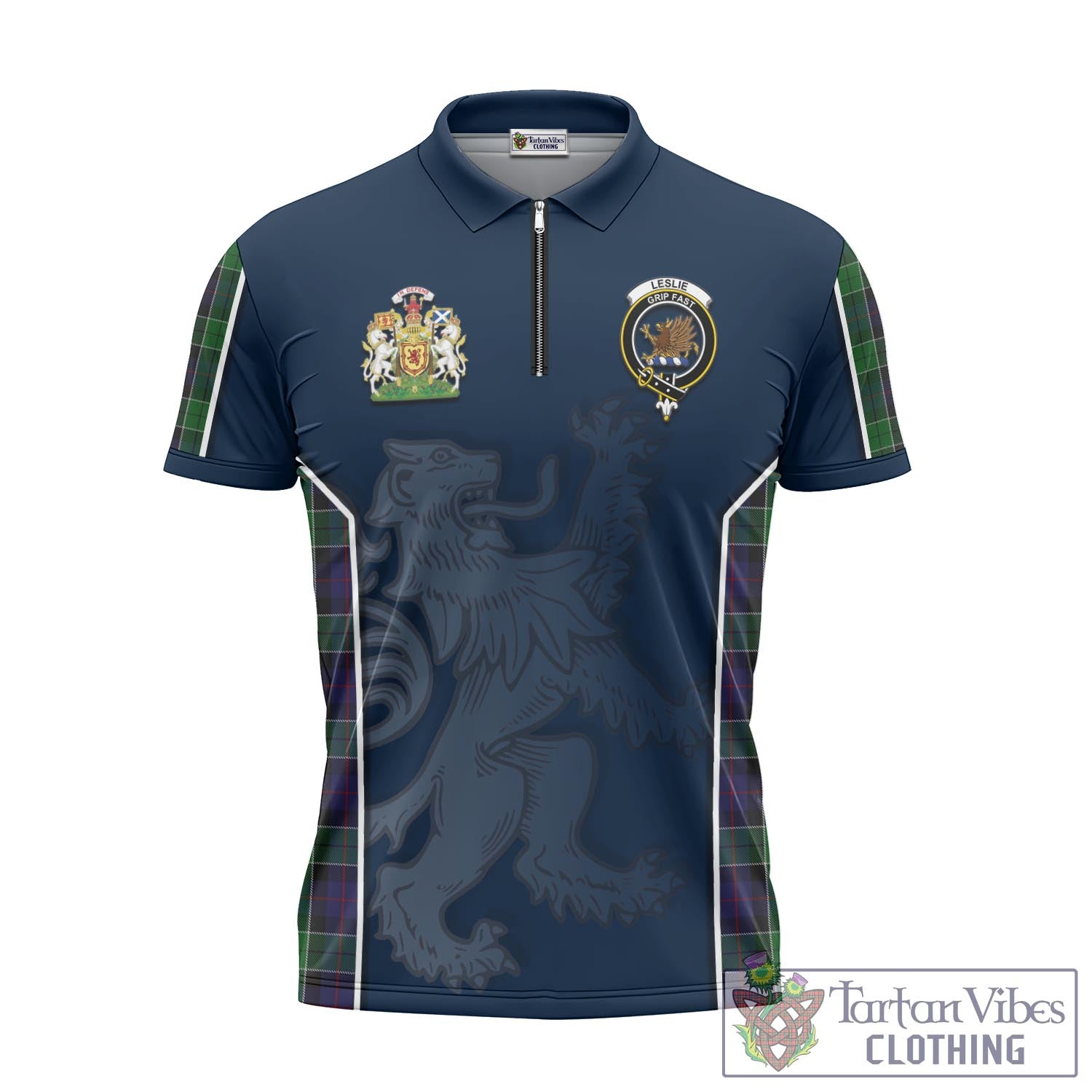 Tartan Vibes Clothing Leslie Hunting Tartan Zipper Polo Shirt with Family Crest and Lion Rampant Vibes Sport Style