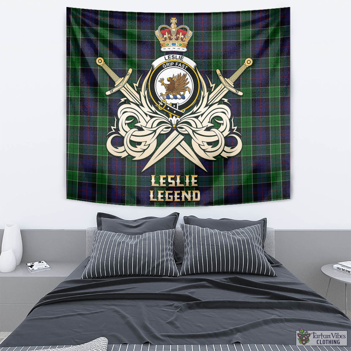 Tartan Vibes Clothing Leslie Hunting Tartan Tapestry with Clan Crest and the Golden Sword of Courageous Legacy