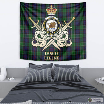 Leslie Hunting Tartan Tapestry with Clan Crest and the Golden Sword of Courageous Legacy