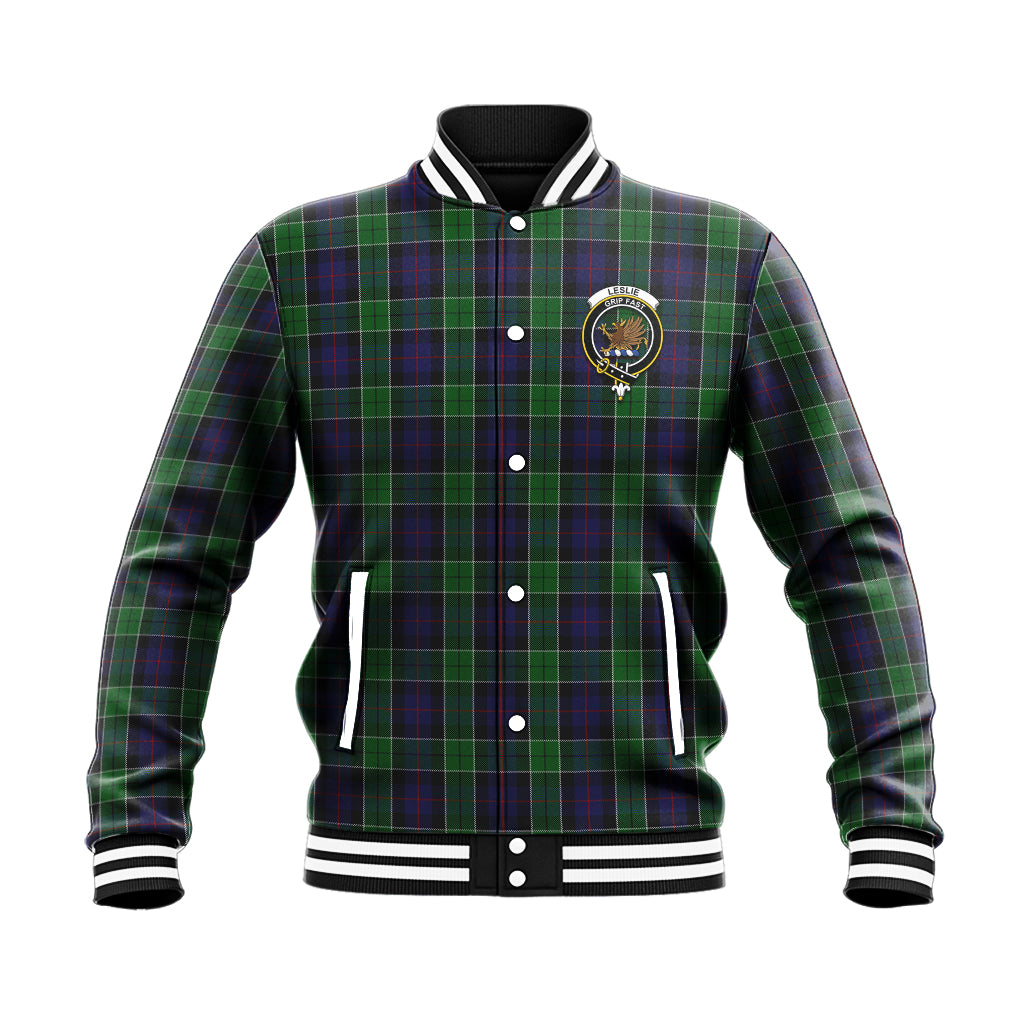 Leslie Hunting Tartan Baseball Jacket with Family Crest - Tartan Vibes Clothing