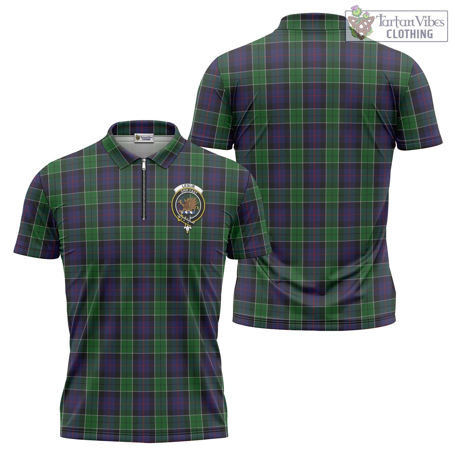 Tartan Vibes Clothing Leslie Hunting Tartan Zipper Polo Shirt with Family Crest