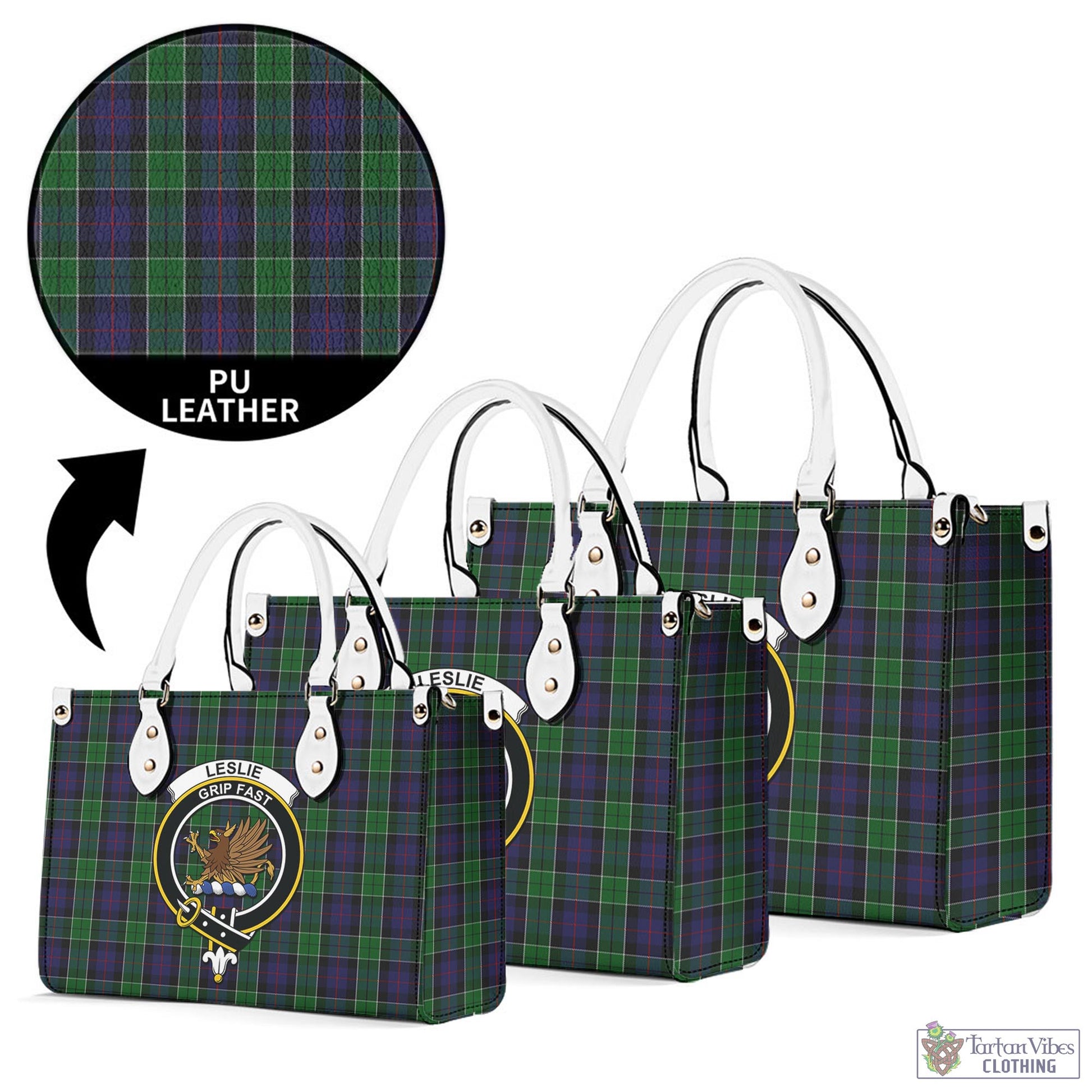 Tartan Vibes Clothing Leslie Hunting Tartan Luxury Leather Handbags with Family Crest