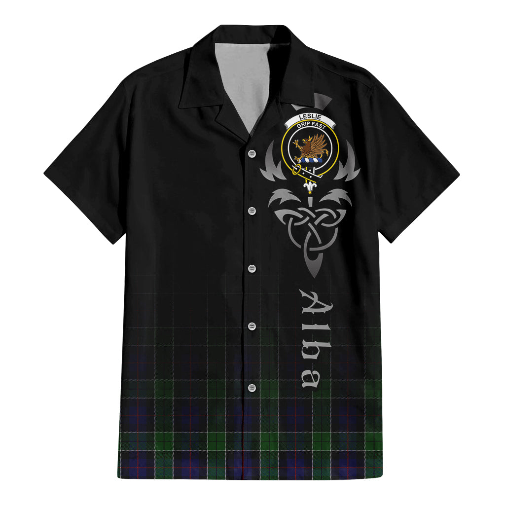 Tartan Vibes Clothing Leslie Hunting Tartan Short Sleeve Button Up Featuring Alba Gu Brath Family Crest Celtic Inspired