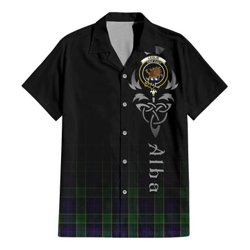 Leslie Hunting Tartan Short Sleeve Button Up Shirt Featuring Alba Gu Brath Family Crest Celtic Inspired