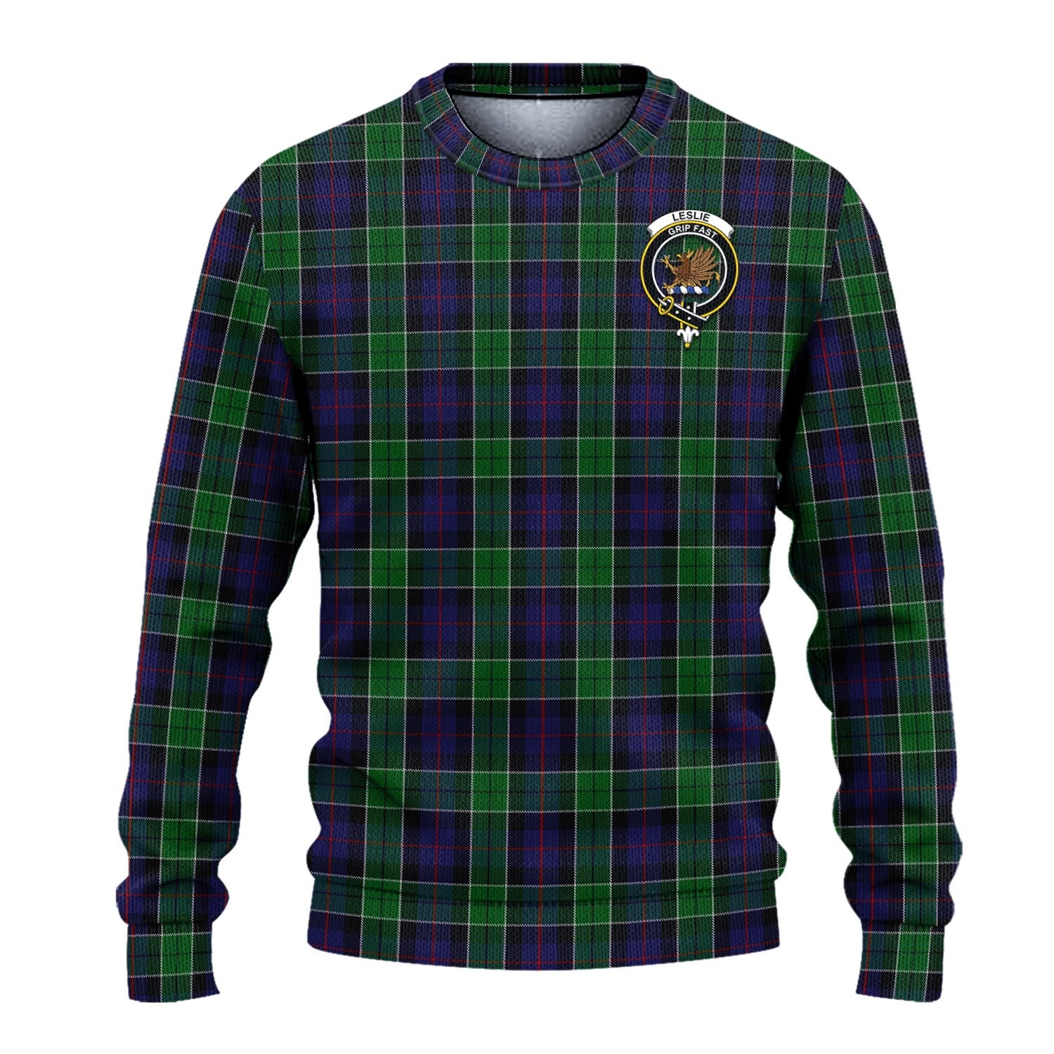 Leslie Hunting Tartan Knitted Sweater with Family Crest - Tartanvibesclothing