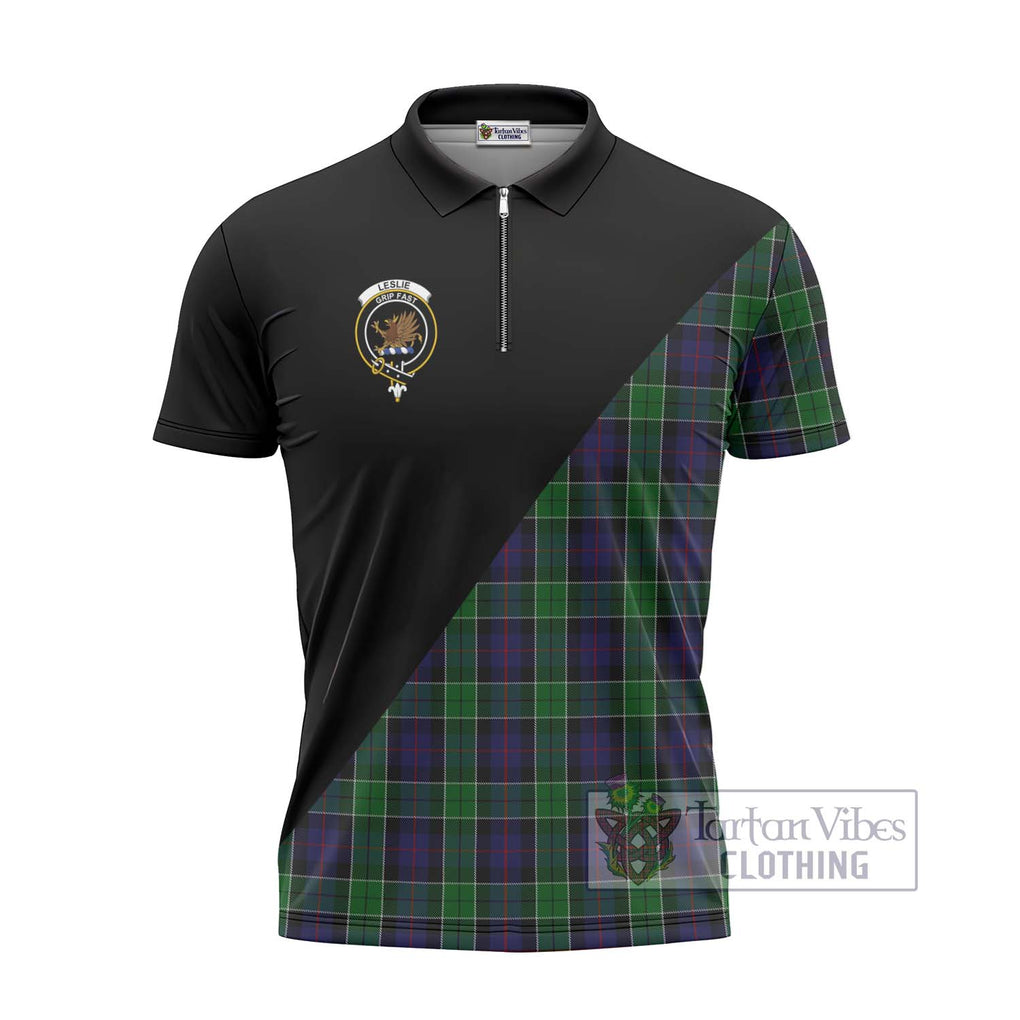 Leslie Hunting Tartan Zipper Polo Shirt with Family Crest and Military Logo Style - Tartanvibesclothing Shop