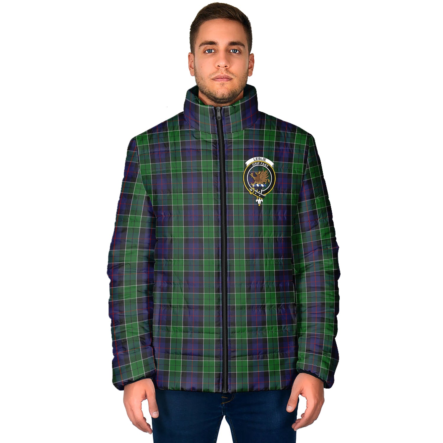 Leslie Hunting Tartan Padded Jacket with Family Crest - Tartan Vibes Clothing