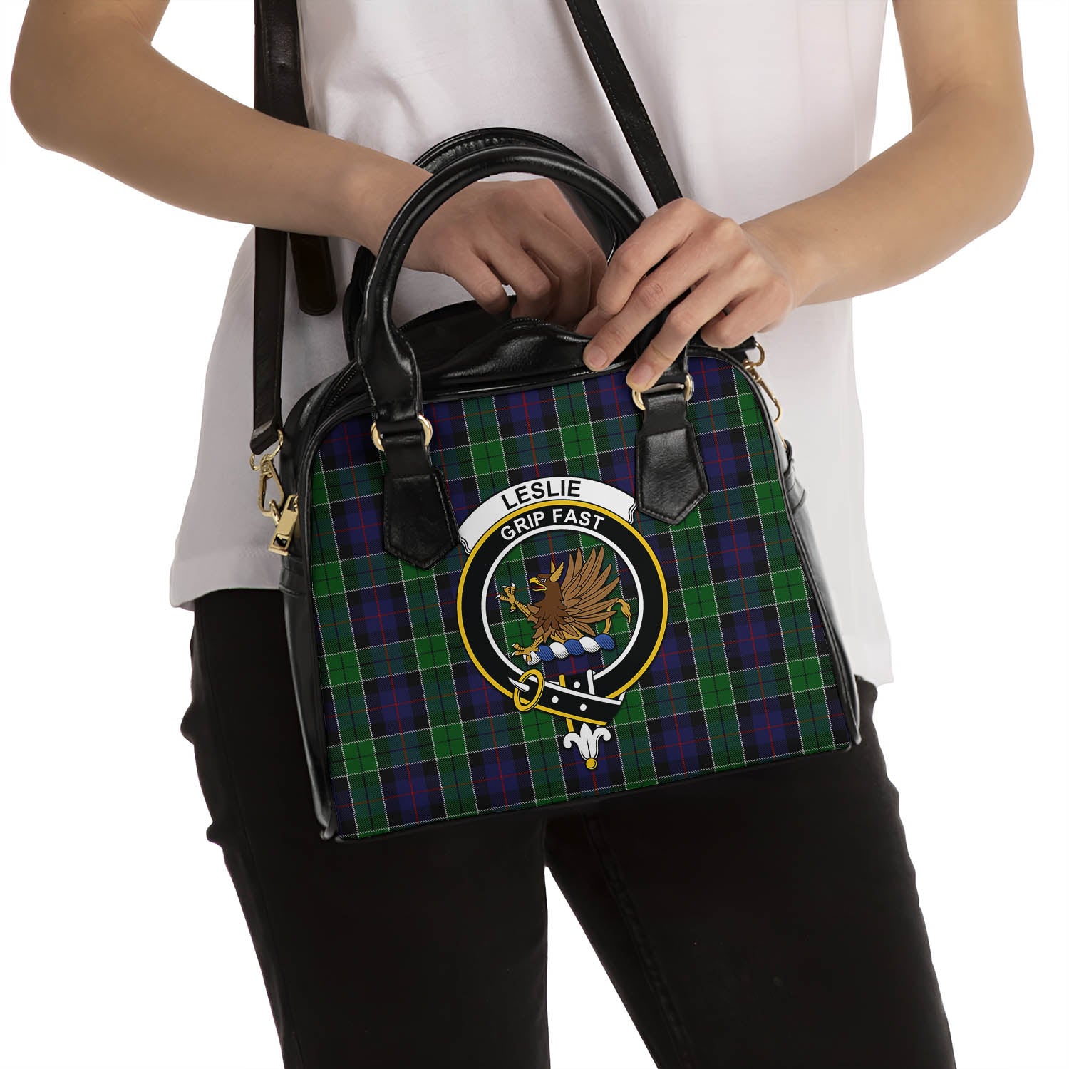 Leslie Hunting Tartan Shoulder Handbags with Family Crest - Tartanvibesclothing