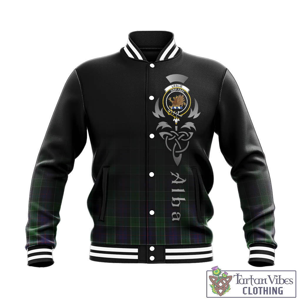 Tartan Vibes Clothing Leslie Hunting Tartan Baseball Jacket Featuring Alba Gu Brath Family Crest Celtic Inspired