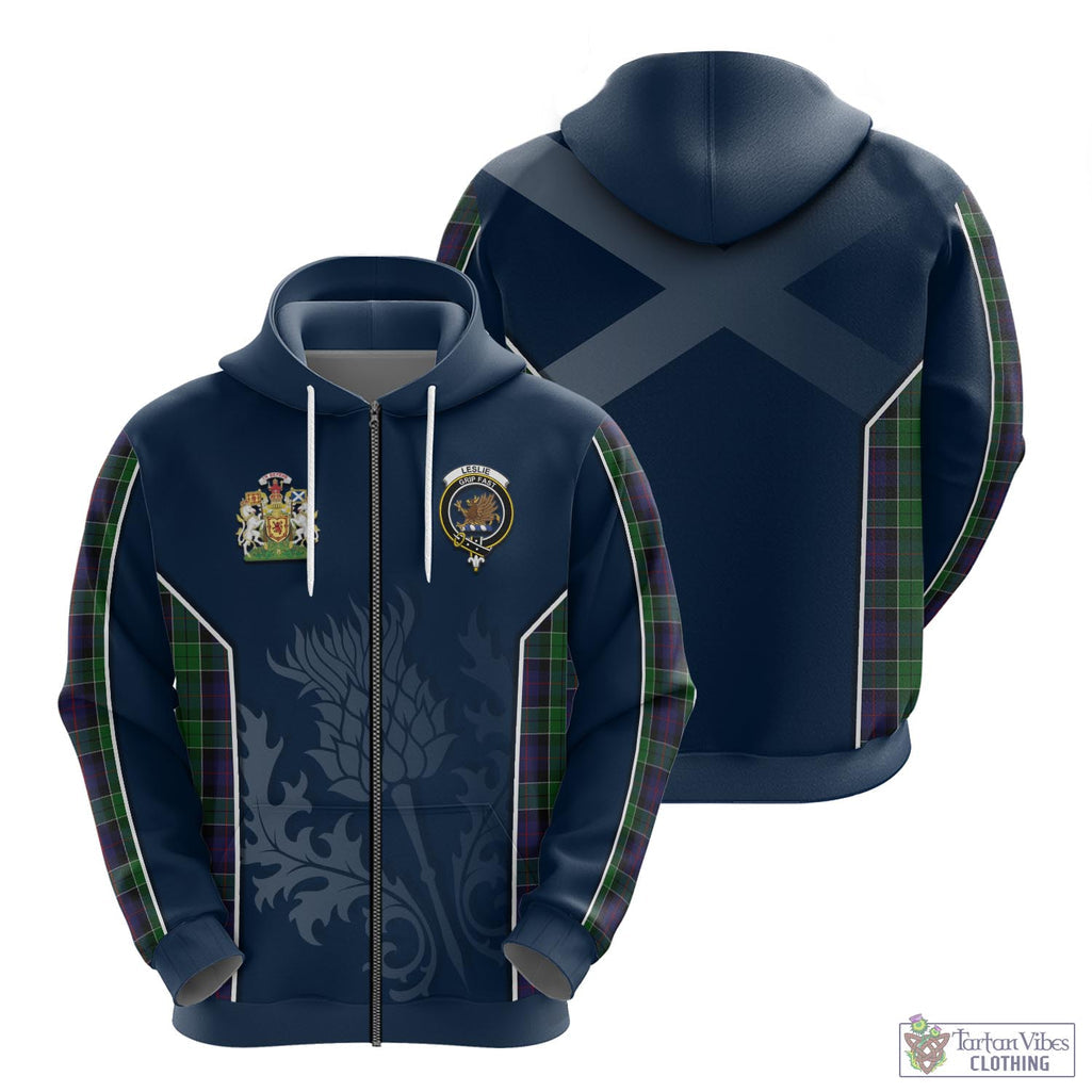 Tartan Vibes Clothing Leslie Hunting Tartan Hoodie with Family Crest and Scottish Thistle Vibes Sport Style