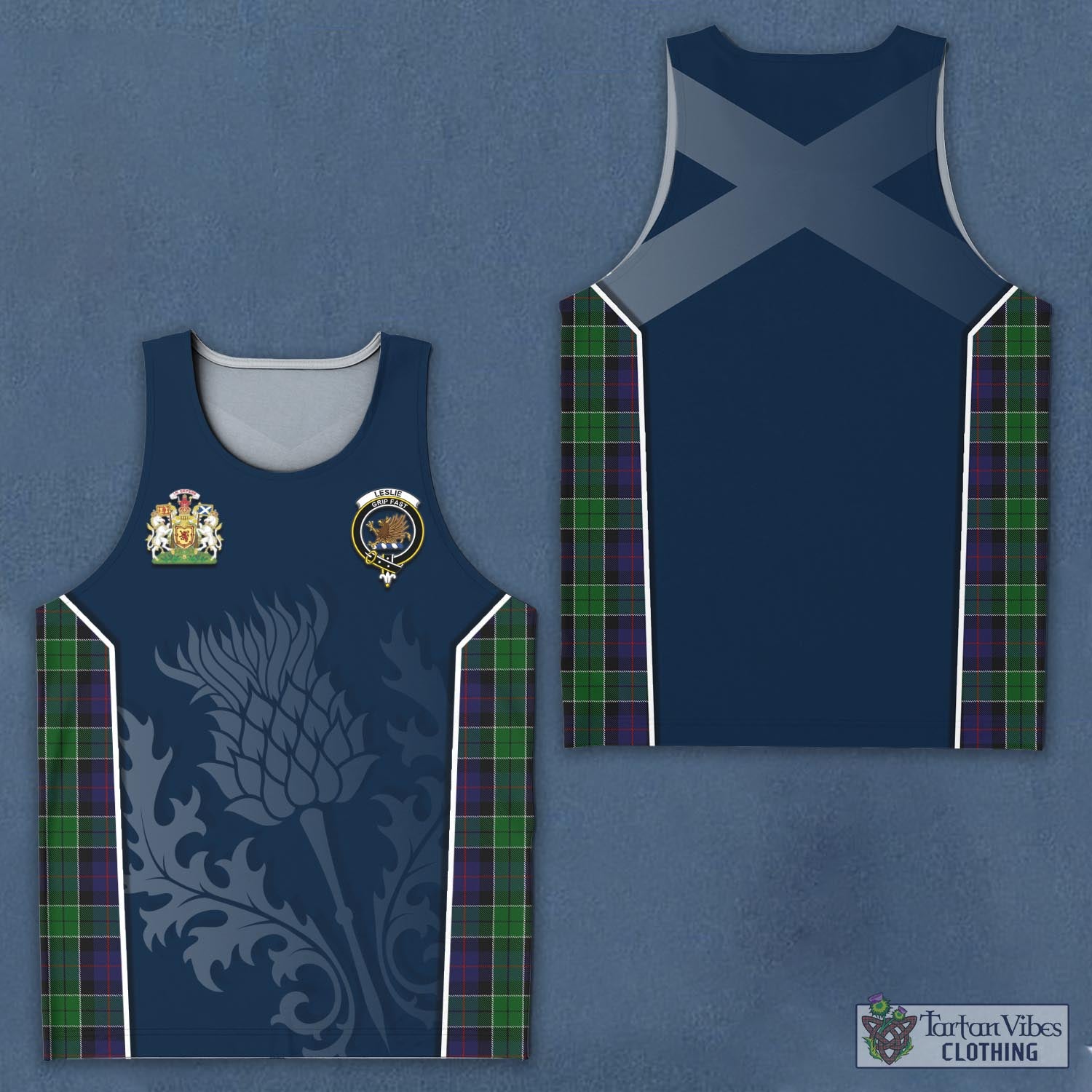 Tartan Vibes Clothing Leslie Hunting Tartan Men's Tanks Top with Family Crest and Scottish Thistle Vibes Sport Style