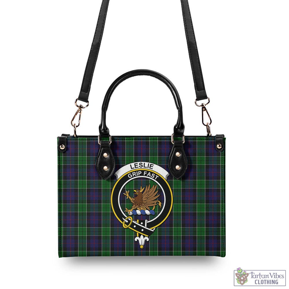 Tartan Vibes Clothing Leslie Hunting Tartan Luxury Leather Handbags with Family Crest