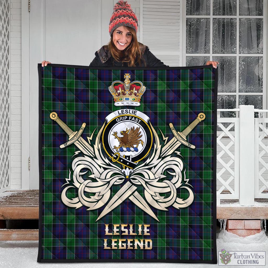 Tartan Vibes Clothing Leslie Hunting Tartan Quilt with Clan Crest and the Golden Sword of Courageous Legacy