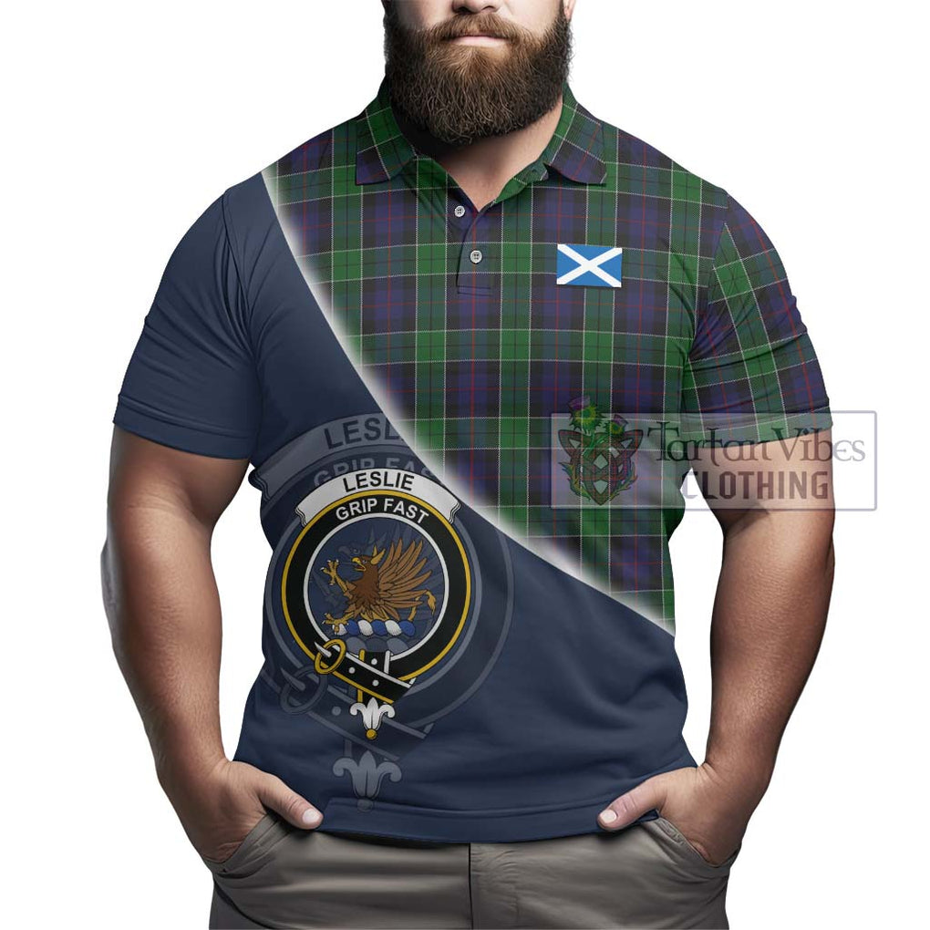 Leslie Hunting Tartan Polo Shirt with Personalised National Flag and Family Crest Half Style - Tartanvibesclothing Shop