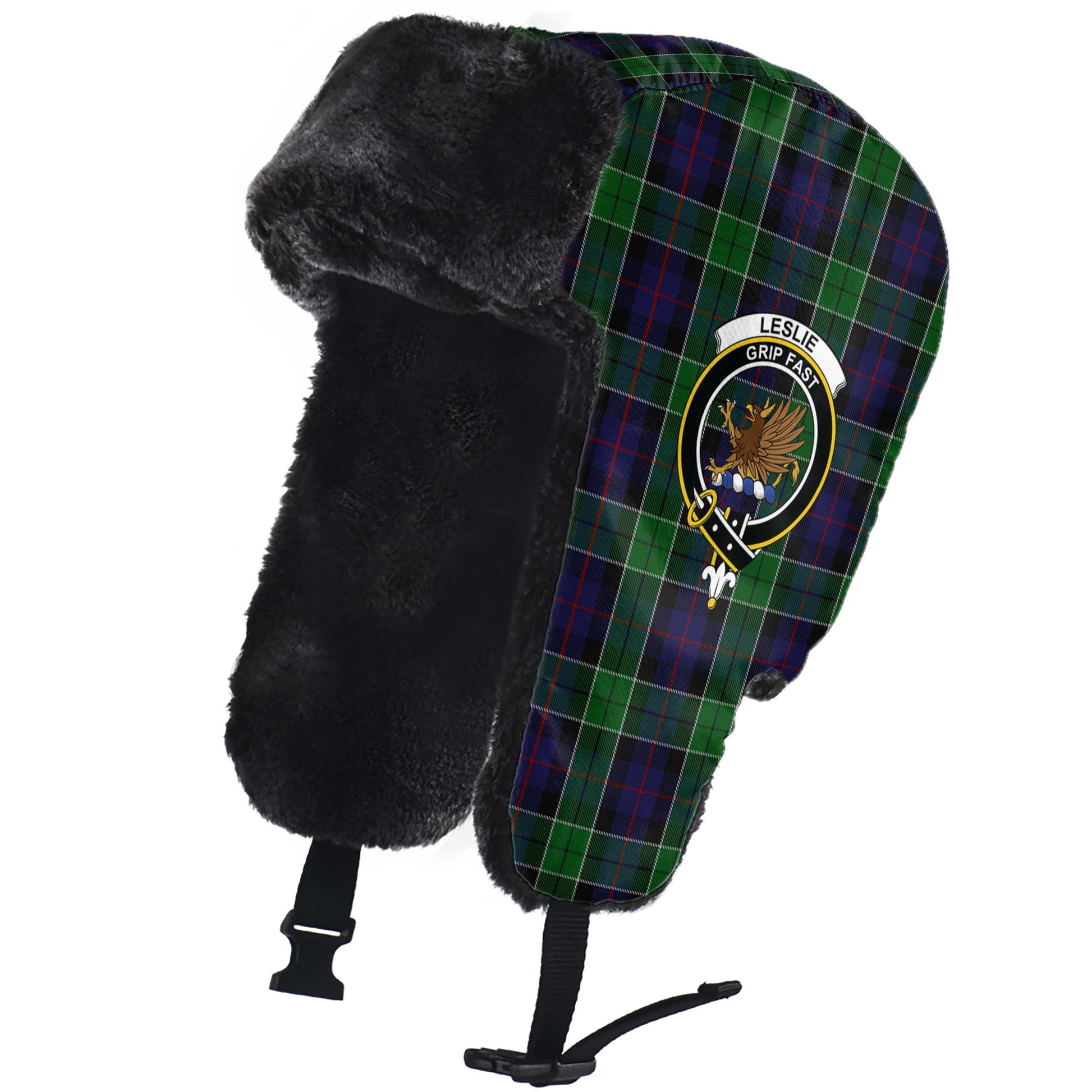 Leslie Hunting Tartan Winter Trapper Hat with Family Crest - Tartanvibesclothing