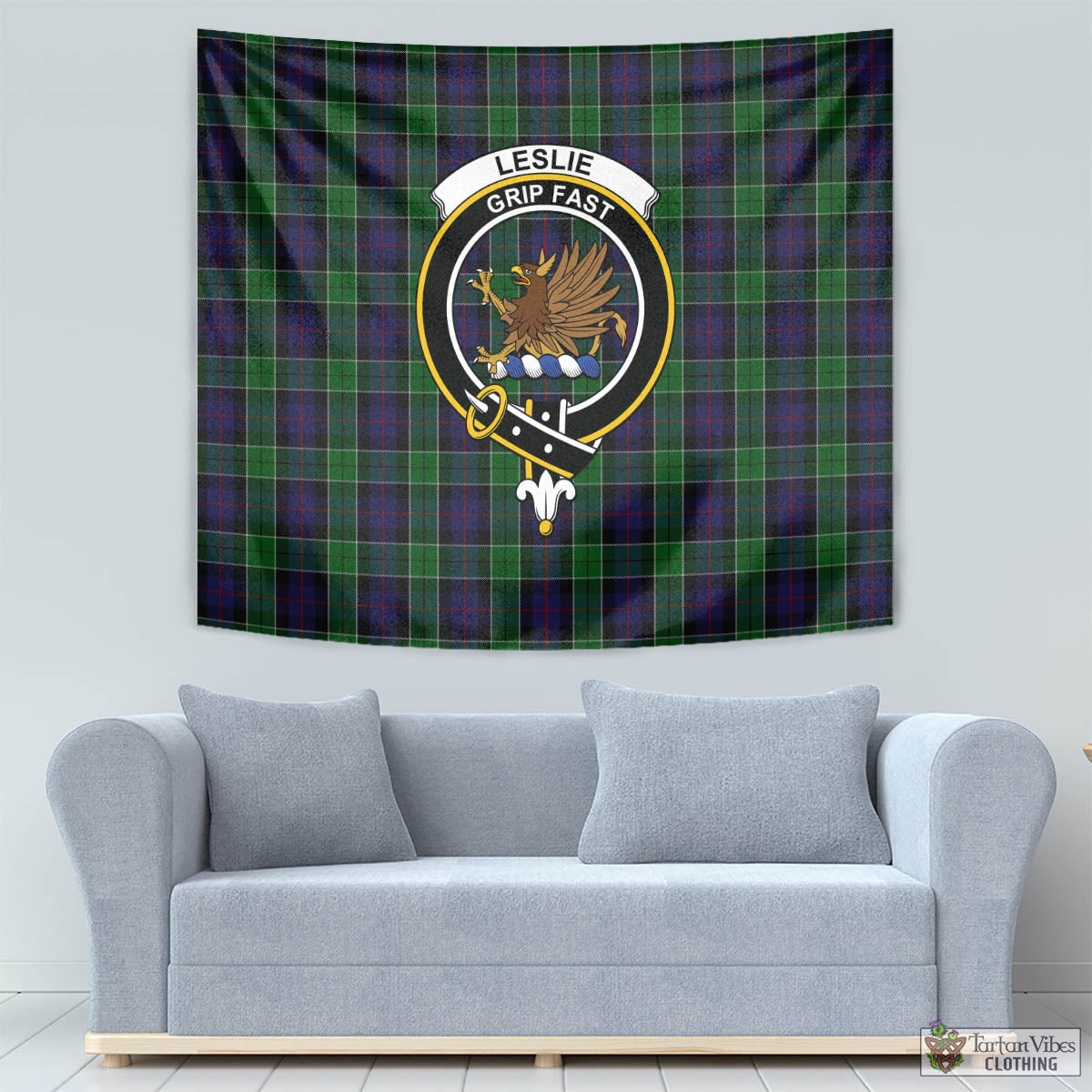 Tartan Vibes Clothing Leslie Hunting Tartan Tapestry Wall Hanging and Home Decor for Room with Family Crest