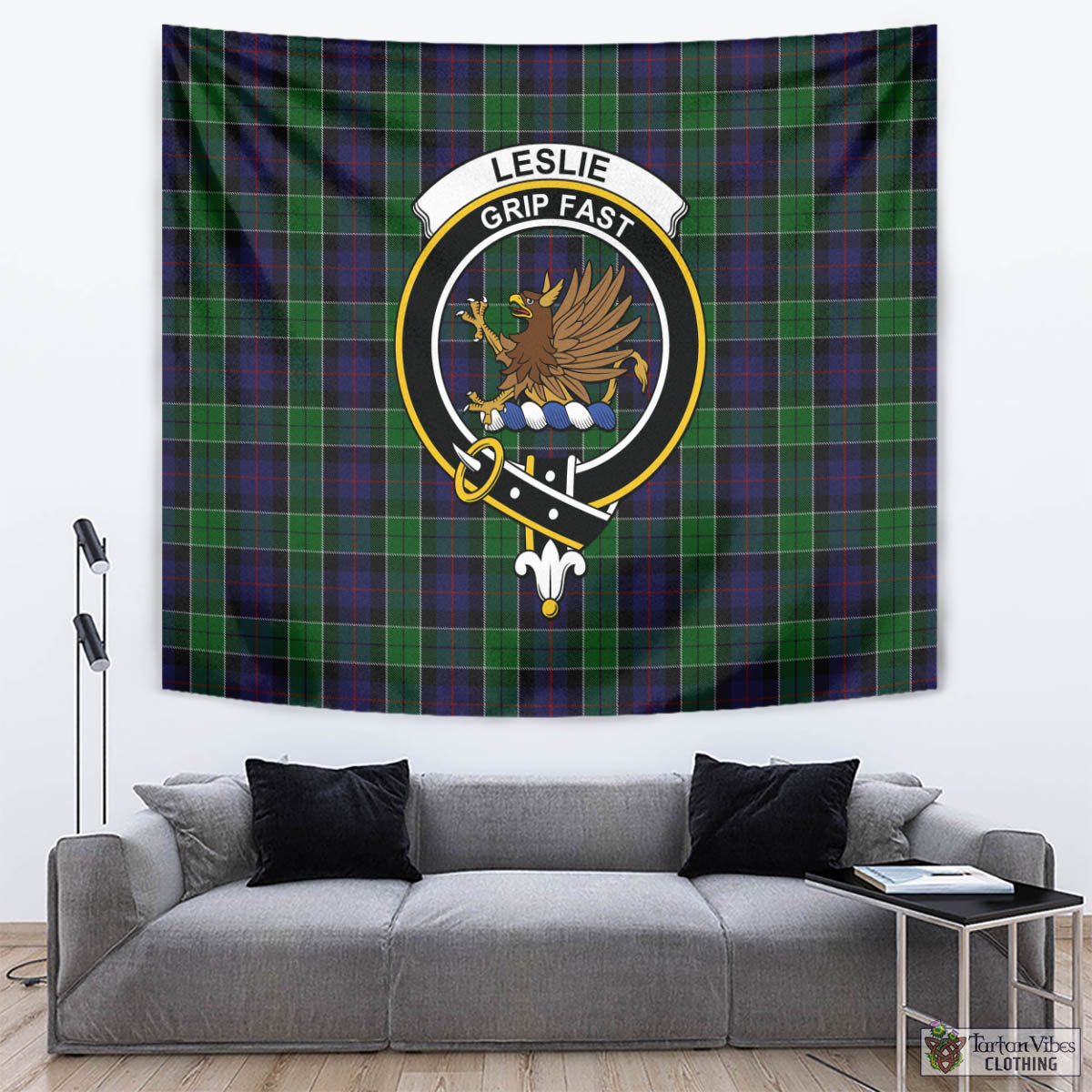 Tartan Vibes Clothing Leslie Hunting Tartan Tapestry Wall Hanging and Home Decor for Room with Family Crest