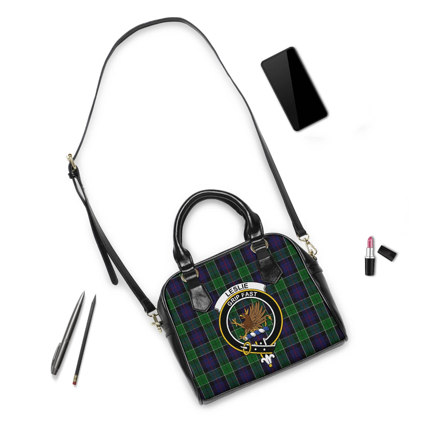 Leslie Hunting Tartan Shoulder Handbags with Family Crest - Tartanvibesclothing