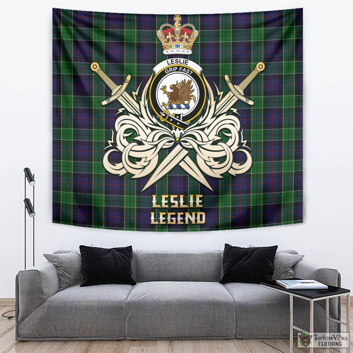 Tartan Vibes Clothing Leslie Hunting Tartan Tapestry with Clan Crest and the Golden Sword of Courageous Legacy