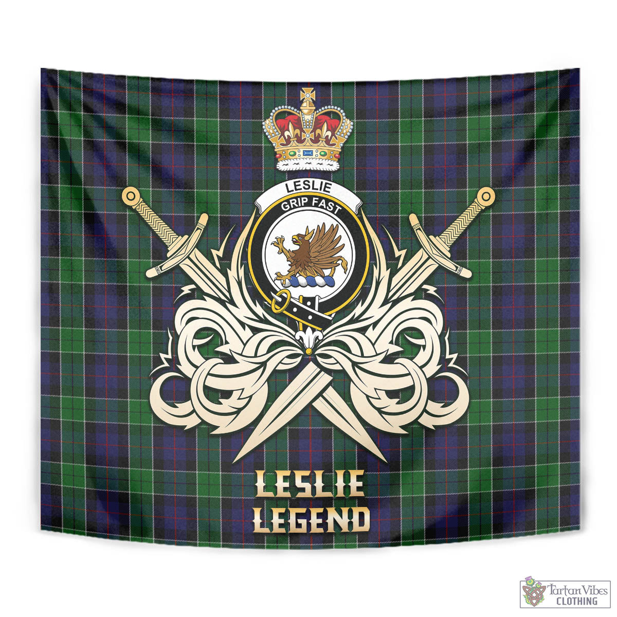 Tartan Vibes Clothing Leslie Hunting Tartan Tapestry with Clan Crest and the Golden Sword of Courageous Legacy