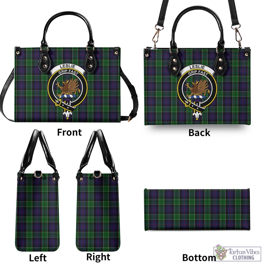 Tartan Vibes Clothing Leslie Hunting Tartan Luxury Leather Handbags with Family Crest