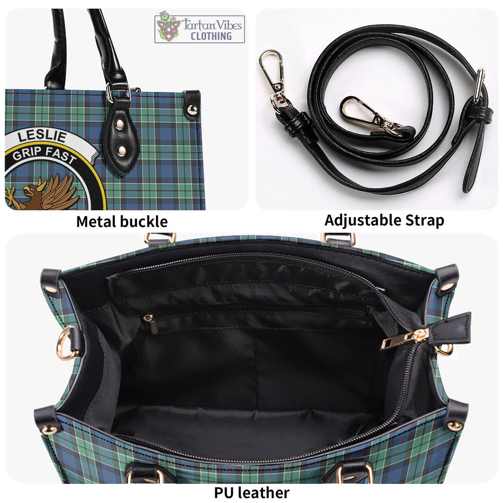 Tartan Vibes Clothing Leslie Hunting Ancient Tartan Luxury Leather Handbags with Family Crest