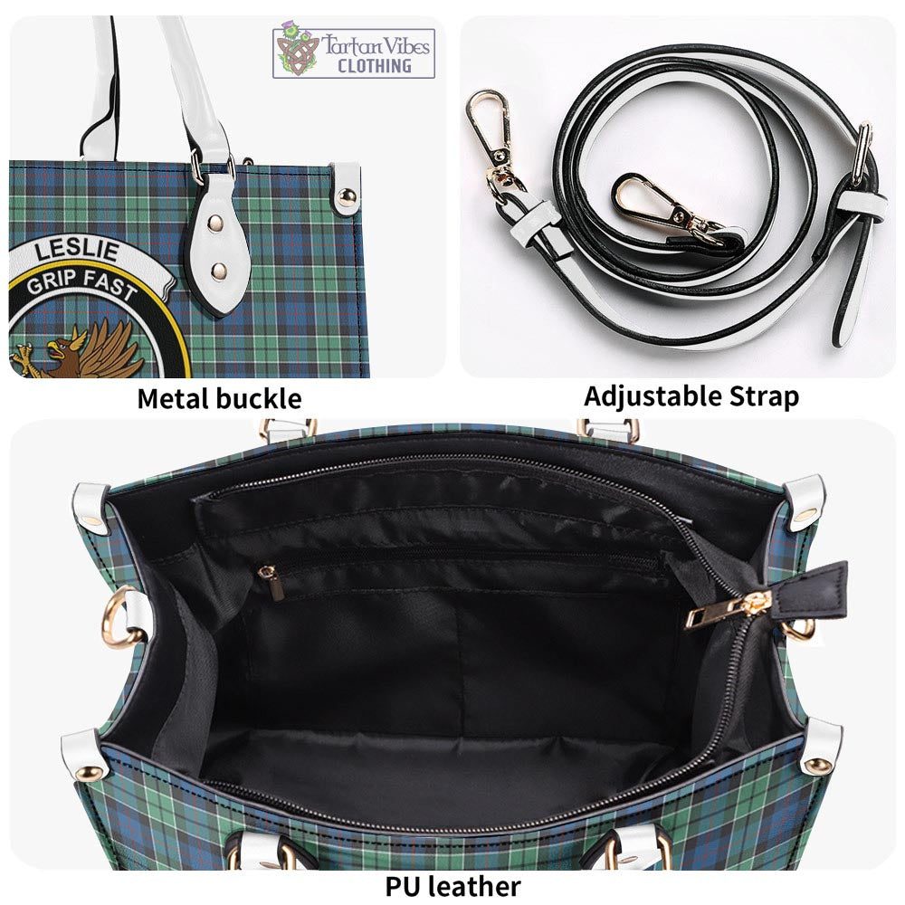 Tartan Vibes Clothing Leslie Hunting Ancient Tartan Luxury Leather Handbags with Family Crest