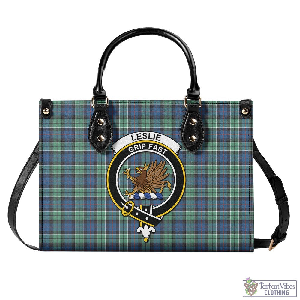 Tartan Vibes Clothing Leslie Hunting Ancient Tartan Luxury Leather Handbags with Family Crest