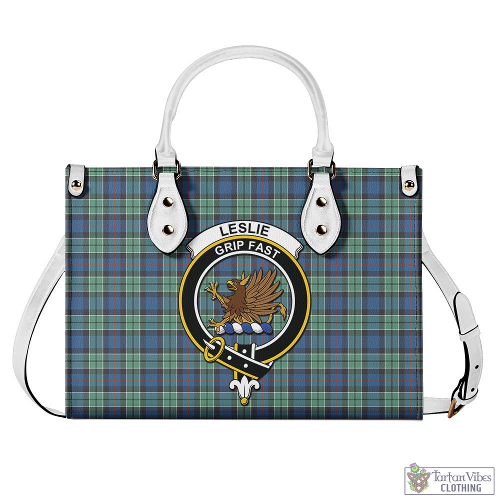 Tartan Vibes Clothing Leslie Hunting Ancient Tartan Luxury Leather Handbags with Family Crest