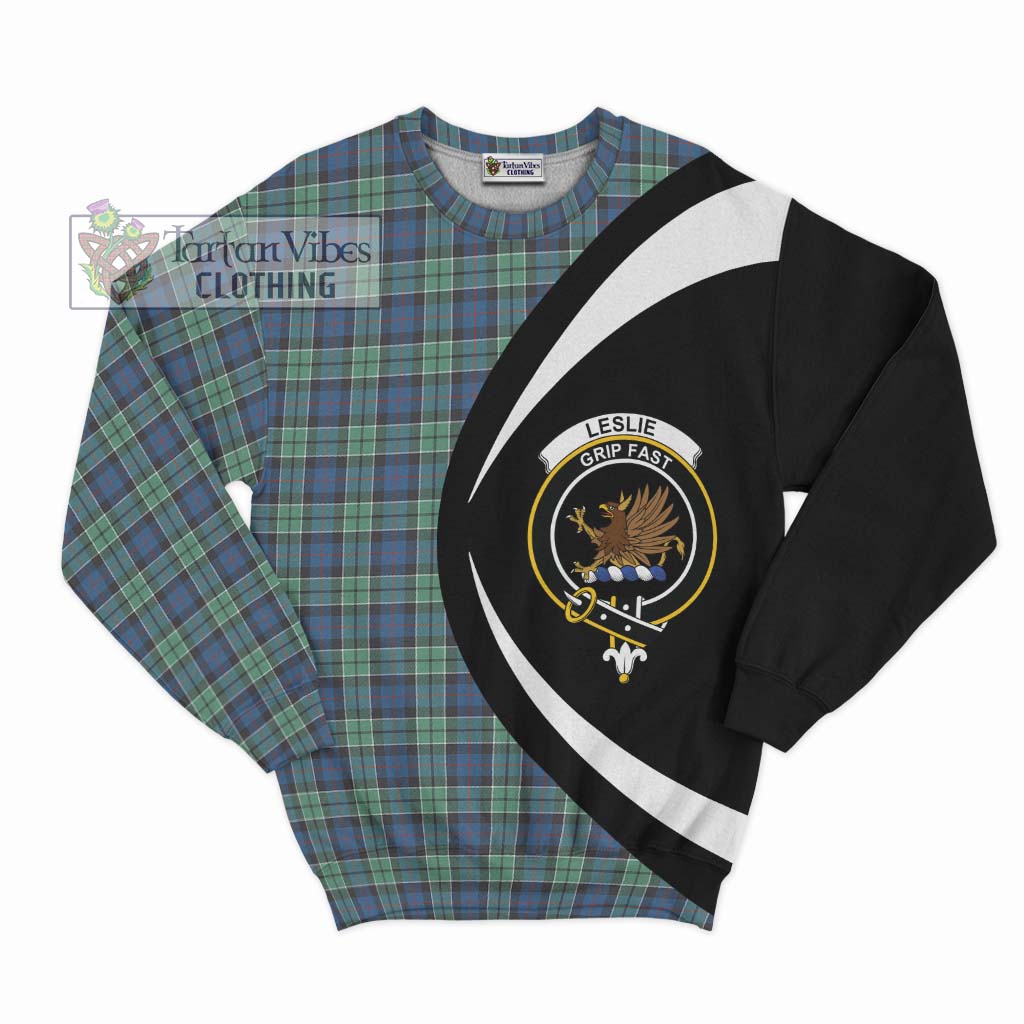 Leslie Hunting Ancient Tartan Sweatshirt with Family Crest Circle Style Unisex - Tartan Vibes Clothing