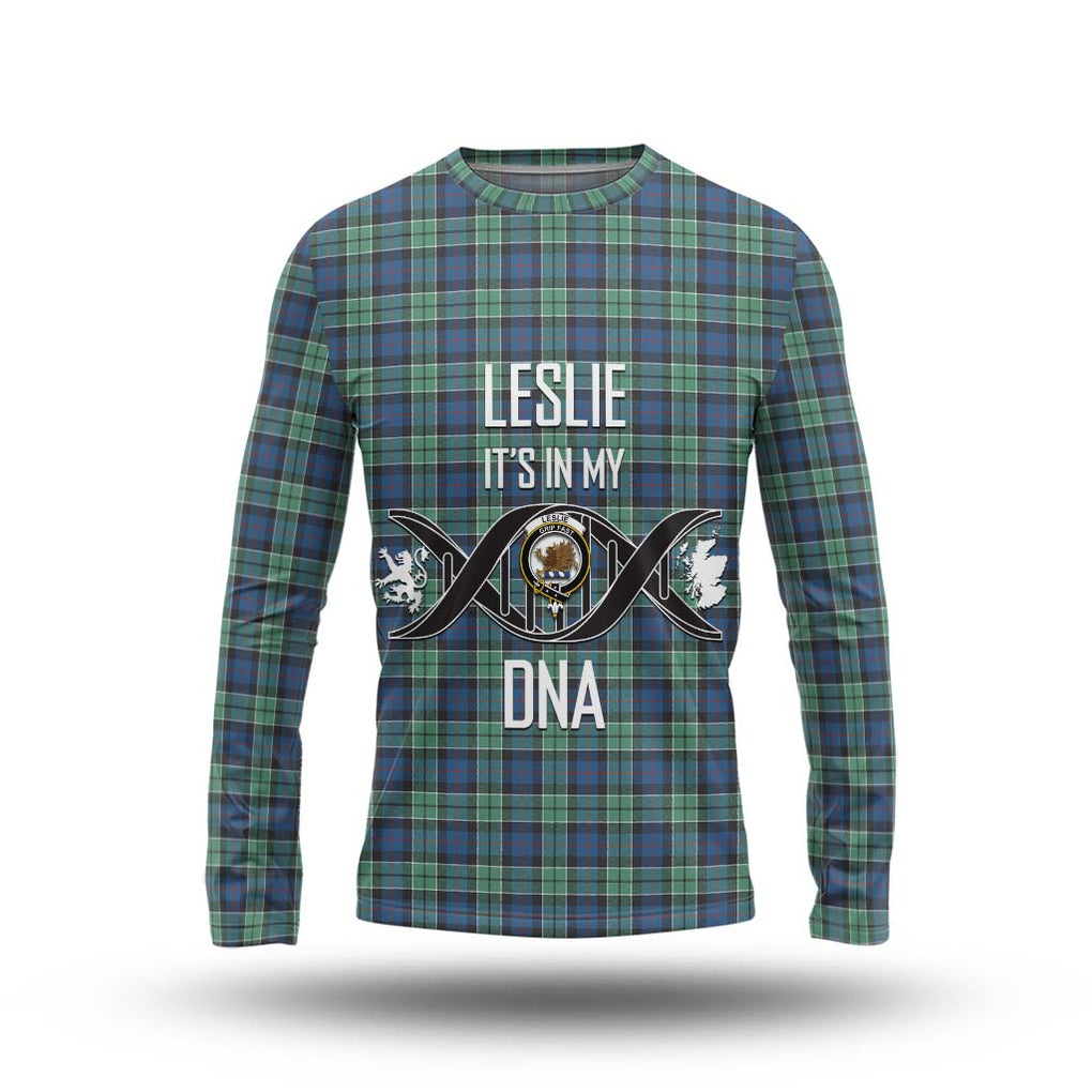 Leslie Hunting Ancient Tartan Long Sleeve T-Shirt with Family Crest DNA In Me Style Unisex - Tartanvibesclothing Shop