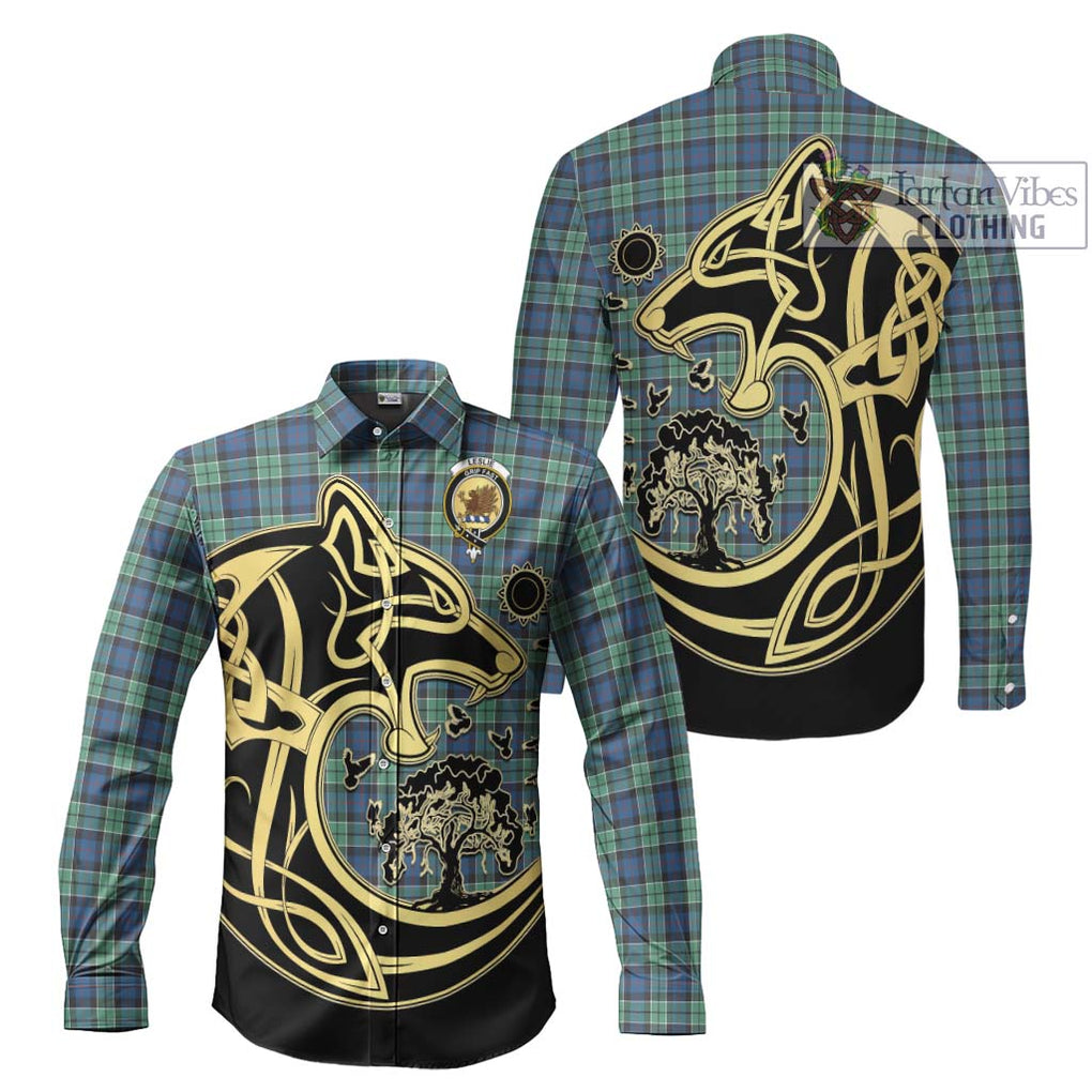 Leslie Hunting Ancient Tartan Long Sleeve Button Shirt with Family Crest Celtic Wolf Style Men's Shirt S - Tartan Vibes Clothing