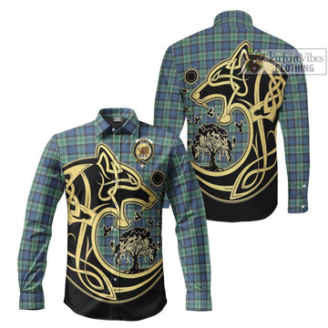 Leslie Hunting Ancient Tartan Long Sleeve Button Shirt with Family Crest Celtic Wolf Style