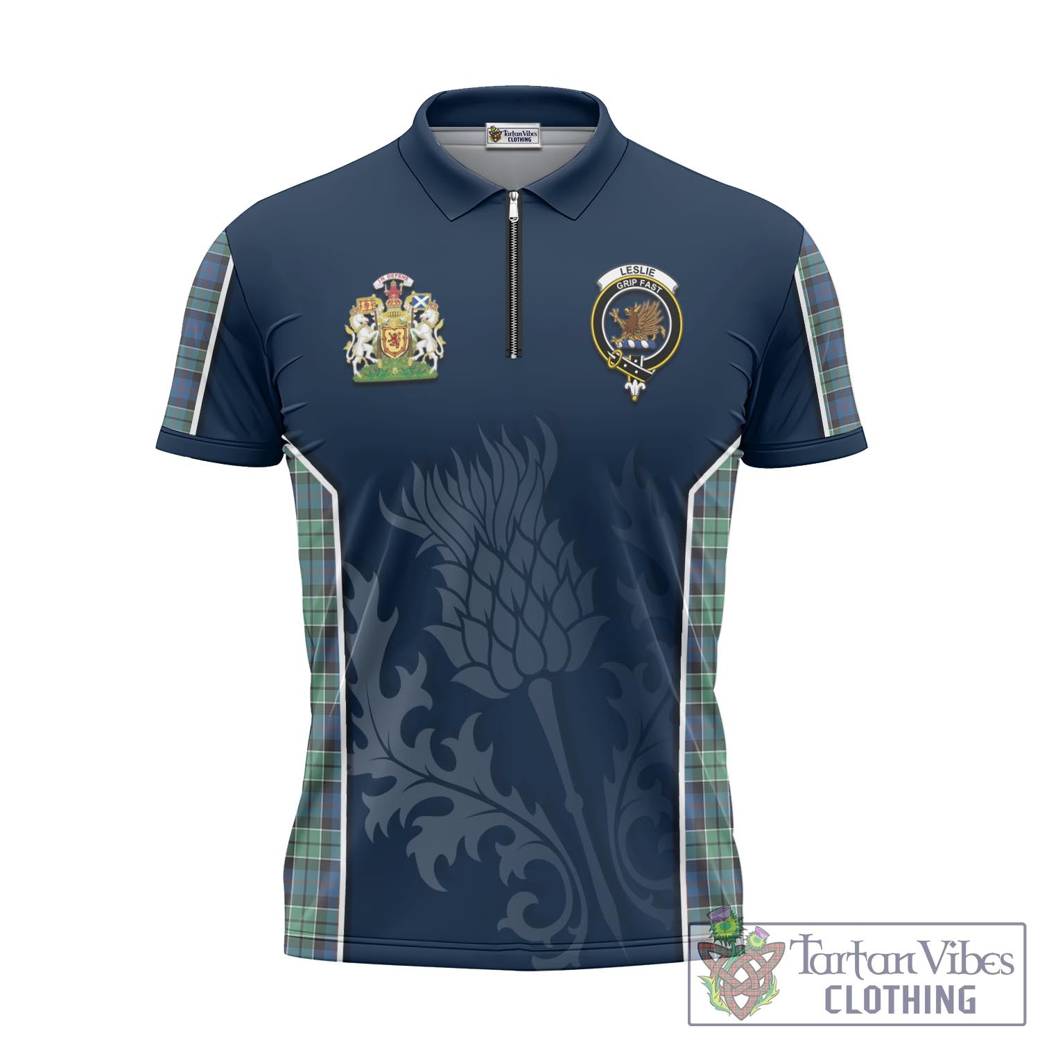 Tartan Vibes Clothing Leslie Hunting Ancient Tartan Zipper Polo Shirt with Family Crest and Scottish Thistle Vibes Sport Style