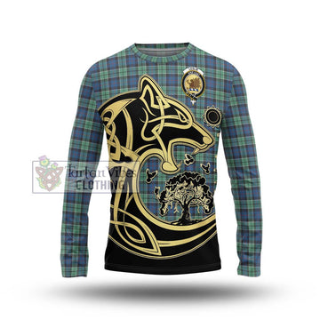 Leslie Hunting Ancient Tartan Long Sleeve T-Shirt with Family Crest Celtic Wolf Style