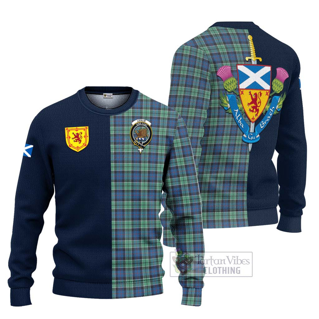 Tartan Vibes Clothing Leslie Hunting Ancient Tartan Knitted Sweater with Scottish Lion Royal Arm Half Style