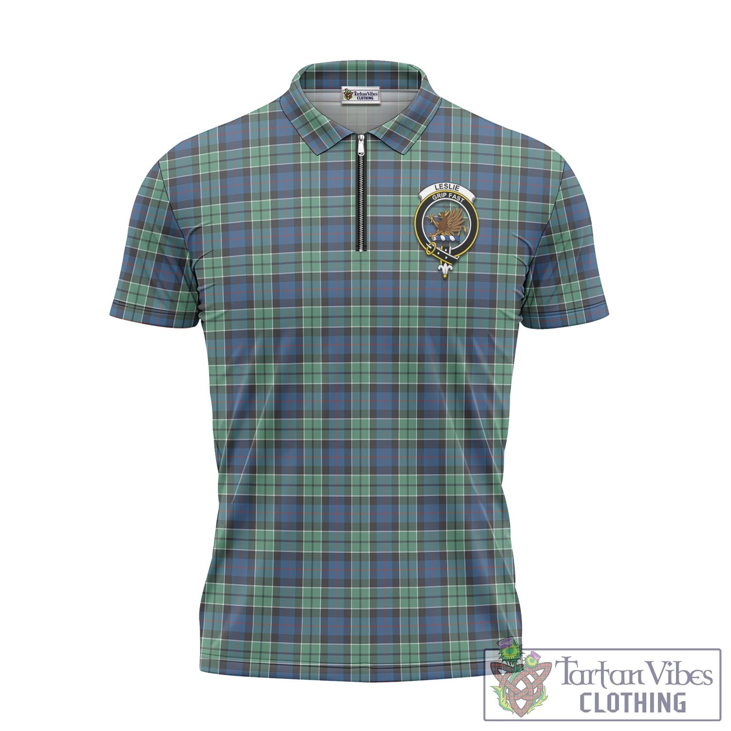 Tartan Vibes Clothing Leslie Hunting Ancient Tartan Zipper Polo Shirt with Family Crest