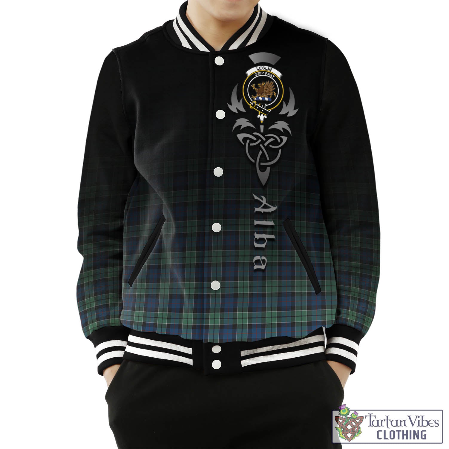 Tartan Vibes Clothing Leslie Hunting Ancient Tartan Baseball Jacket Featuring Alba Gu Brath Family Crest Celtic Inspired