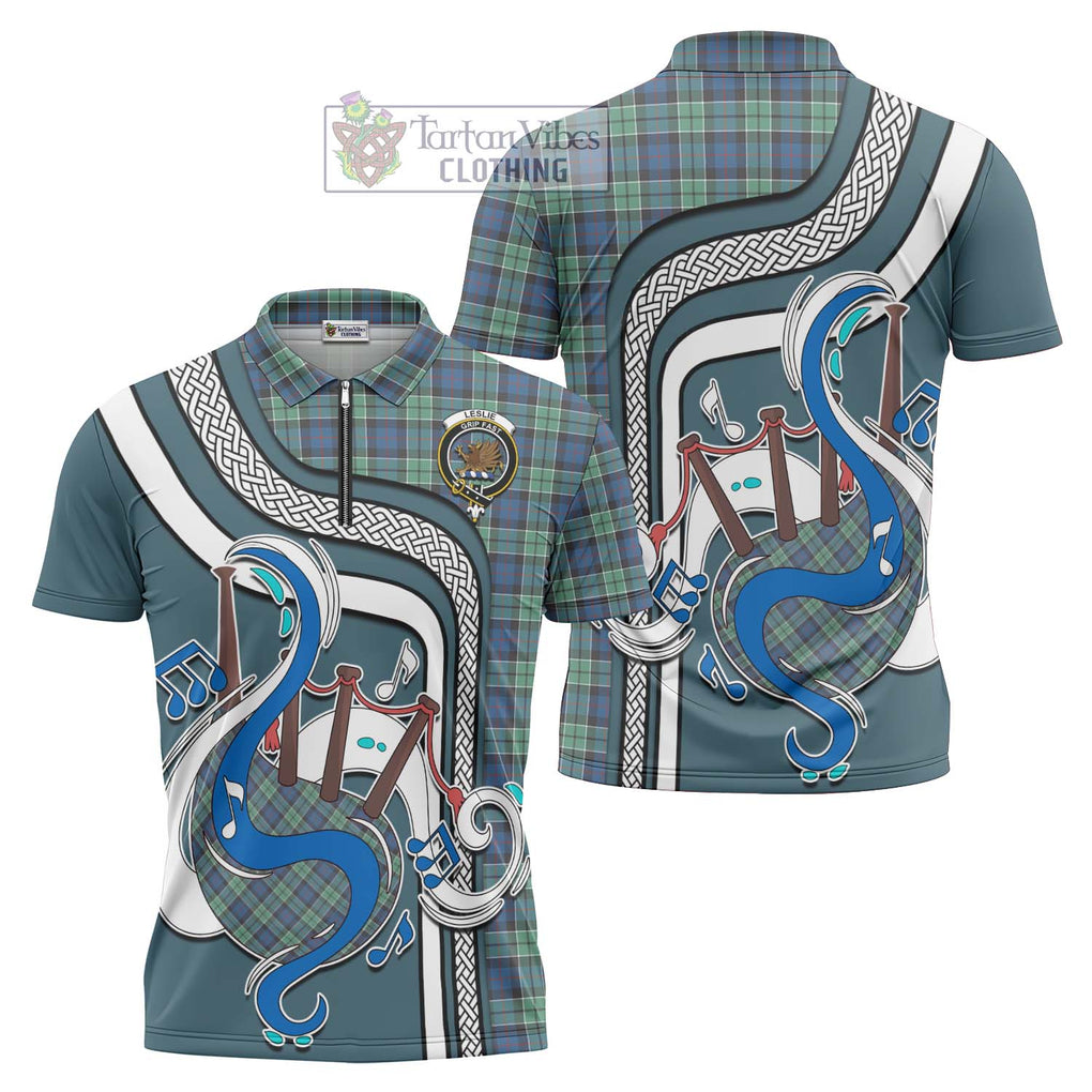 Leslie Hunting Ancient Tartan Zipper Polo Shirt with Epic Bagpipe Style Unisex - Tartanvibesclothing Shop