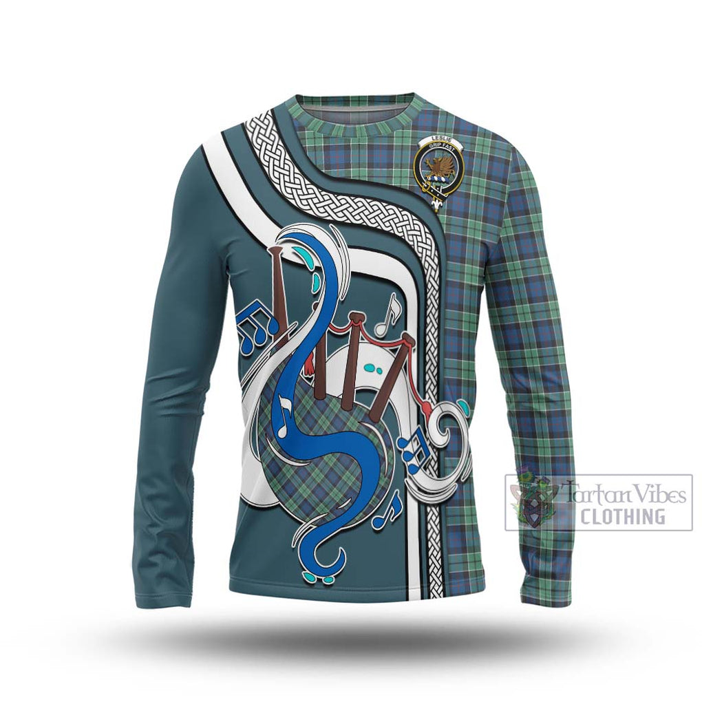 Tartan Vibes Clothing Leslie Hunting Ancient Tartan Long Sleeve T-Shirt with Epic Bagpipe Style