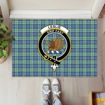 Leslie Hunting Ancient Tartan Door Mat with Family Crest