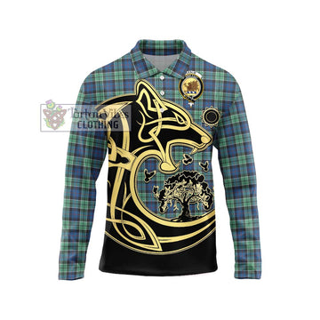 Leslie Hunting Ancient Tartan Long Sleeve Polo Shirt with Family Crest Celtic Wolf Style